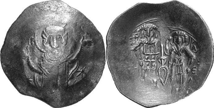 File:John and St. Theodore standing facing, holding sheathed sword on shield between them. DOC 48a (this coin); SB 2102..jpg