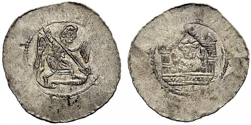 File:Ottokar I. Premysl, Denar, Prague (1198-1210), AR 1.30 g. St Michael holding shield and spear killing drake laying on the ground II.jpeg